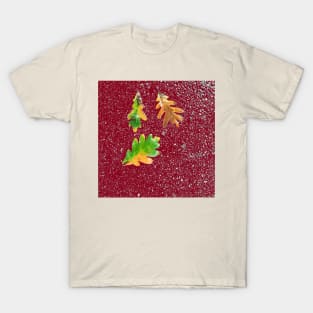 Rainy Leaves on Red Terrazzo Background T-Shirt